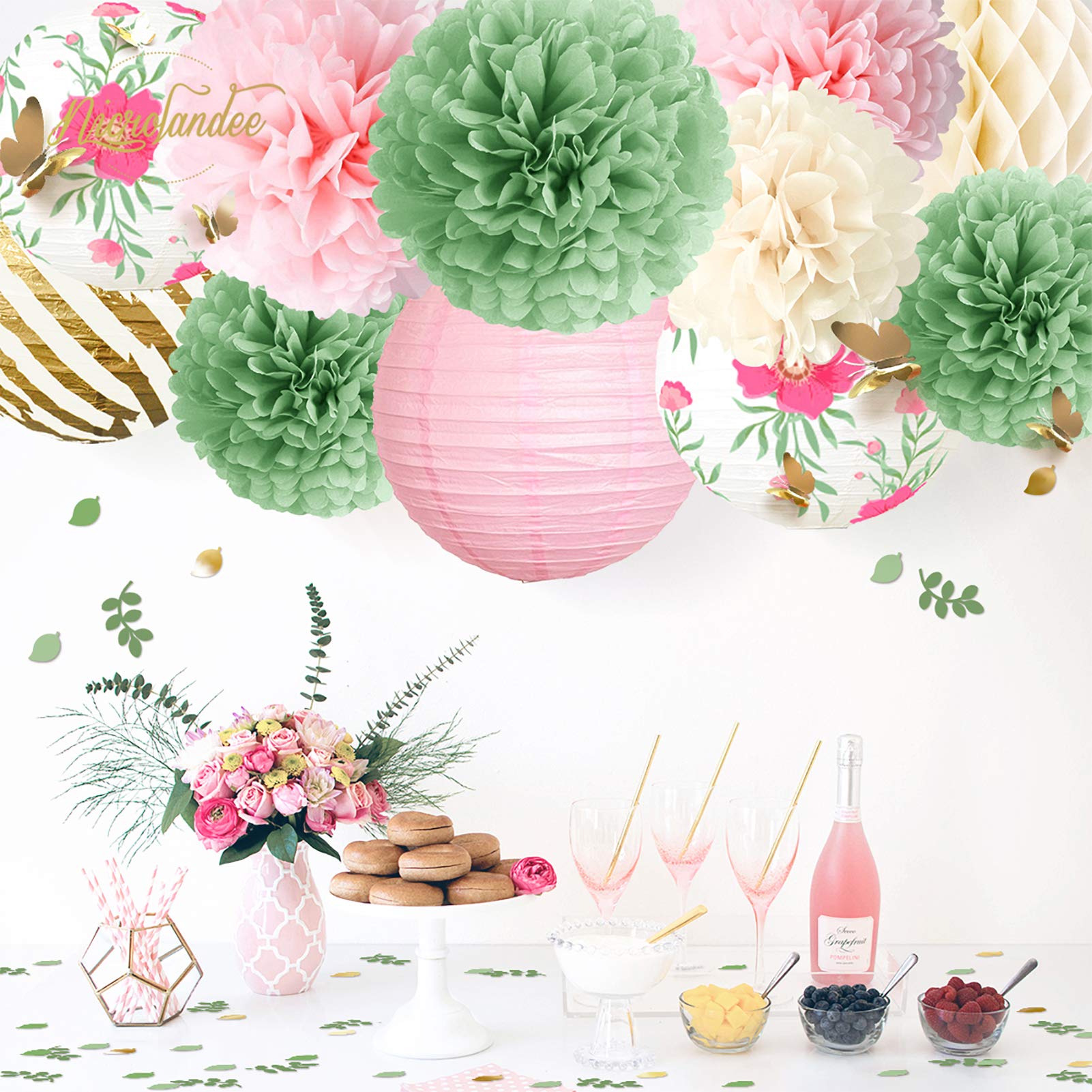 Nicrolandee 12Pcs Green Pink Blooms Tissue Pom Poms Paper Lantern 3D Gold Confetti 50G For Garden Birthday, Fairy Party, Butterf